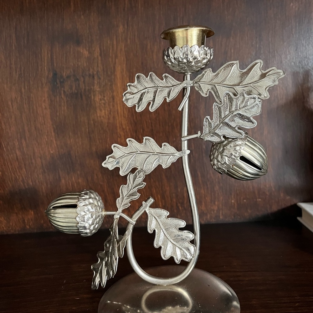 Vintage candle holder tin leaves and Jingle Acorn